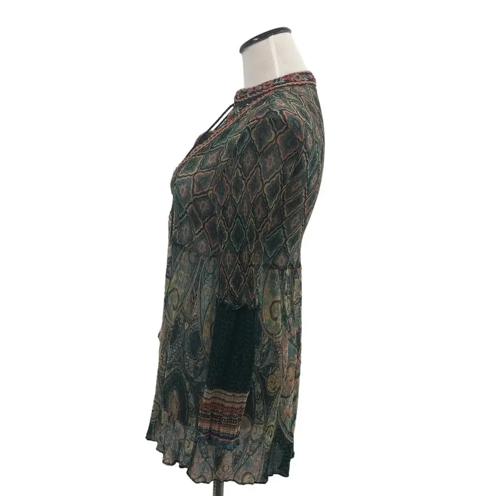 Soft Surroundings Shira Green Embroidered Tassel Neck Top